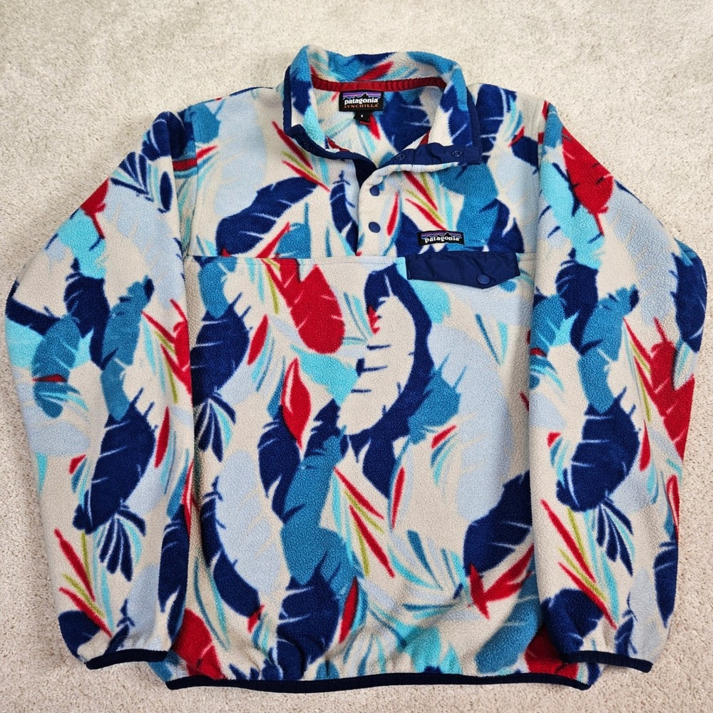 Patagonia Synchilla Snap-T Fleece Pullover Women's Sz S Rare Feather‎ Print Blue